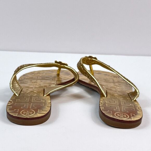 Tory Burch Thora Sandals Womens 6 Gold Glitter Thong Flip Flop Shoes Metallic - Picture 9 of 11